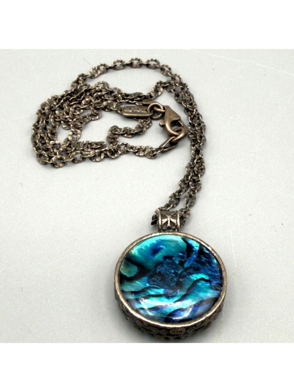Vintage Sterling Silver Blue Abalone Pendant Necklace 18" Israel 925